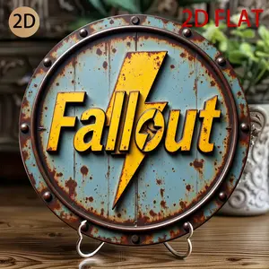 Fallout-Themed Metal Wall Art - Rusty Vault-Tec Inspired Gaming Decor with Lightning Bolt Logo & Fallout Lettering - Easy Hang Pre-Drilled Holes for Game Room, Man Cave, Post-Apocalyptic Themed Spaces - Video Game Collectible for Fans, Decoration Items