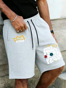 Men's Motivational King Pattern Sport Shorts, Loose Fit Street Casual Shorts, Geometric Style, Short Pants, Comfortable Wear, Streetwear Sports Shorts