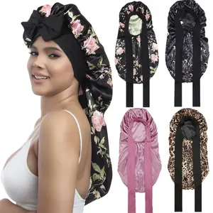 Long Double Layer Satin Bonnet for Women Elastic Silk Like Texture Bonnet for Braids Curly Hair Sleeping Sleep Cap Hair Bonnets Nightcap with Tie Band