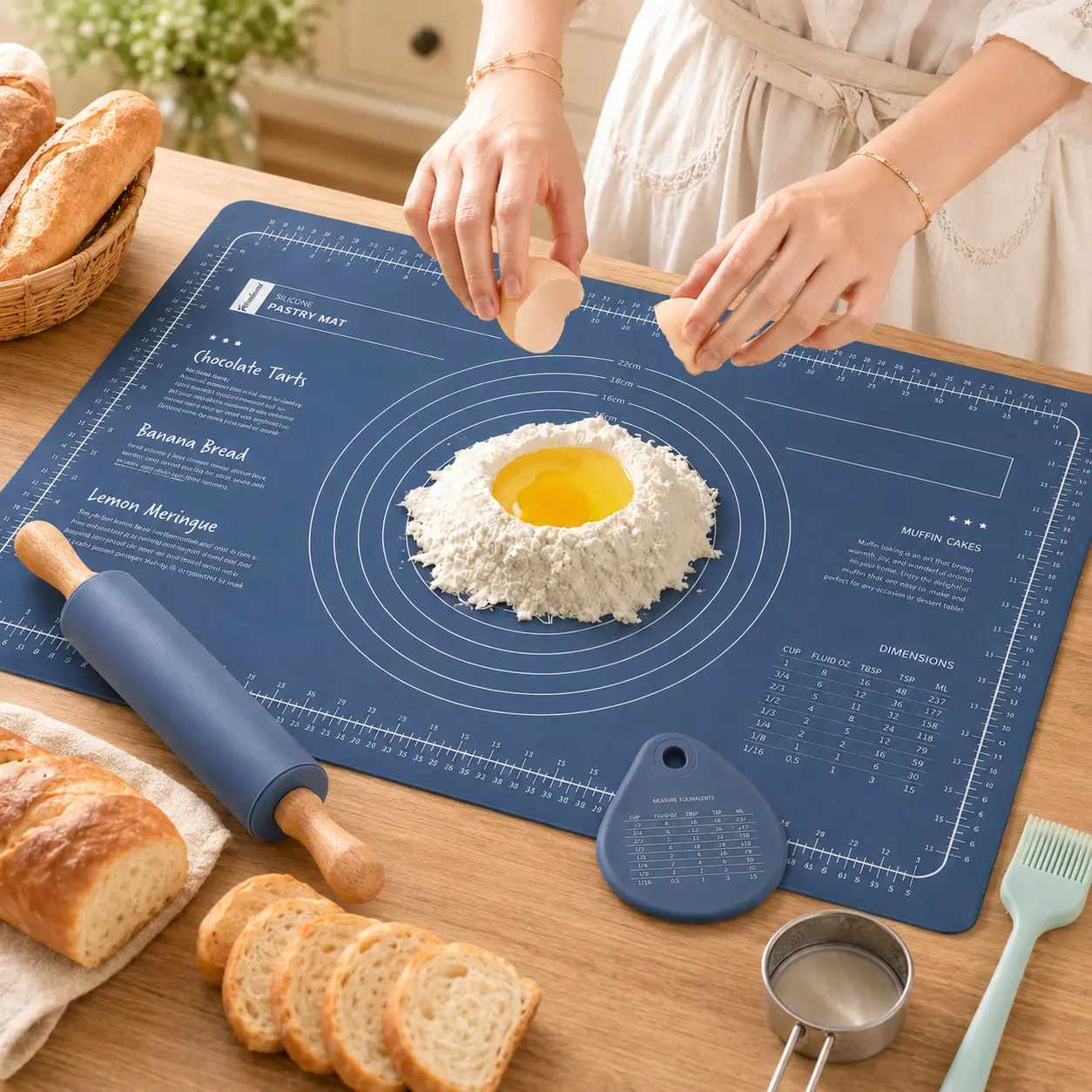 3-Piece Bakeware Set Pack, Silicone Rolling Pin, Measuring Grid Baking Mat (23.6"x15.7") & Dough Scraper - Non-Stick Pastry Tools for Baking Uses Including Pizza, Pie
