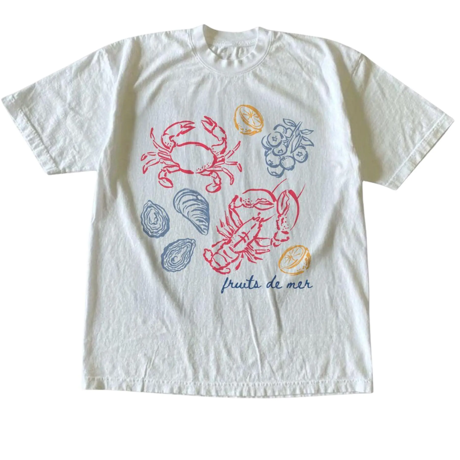 Vintage Style French Coastal Seafood Graphic  T-Shirt, Crab Lobster Oyster Print Tee, Coastal Foodie Shirt, Vintage Y2K Ocean Aesthetic, Unisex Casual Streetwear Gift