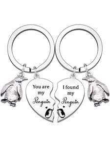 Cute Penguin Charm Decor Keychains, Stylish Heart Shaped Fashionable Stainless Steel Keychains for Women & Men, Trendy All-match Keychain As Gift, Valentine's Day, Gift, Pendant Keychain, Love, Keychain Set, Heart Design Keychain