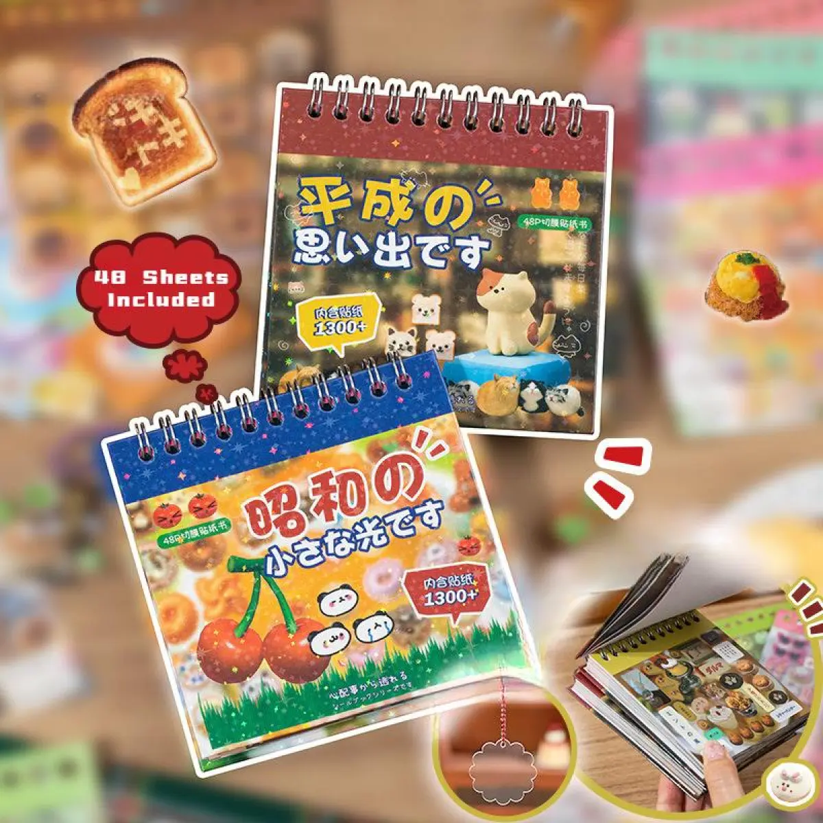 Japanese Old-Fashioned Food Theme Paper Sticker Album - 2 Models with 48 Sheets Mini Film Cutting Stickers for DIY Notebook Decoration, Office Stationery Labels