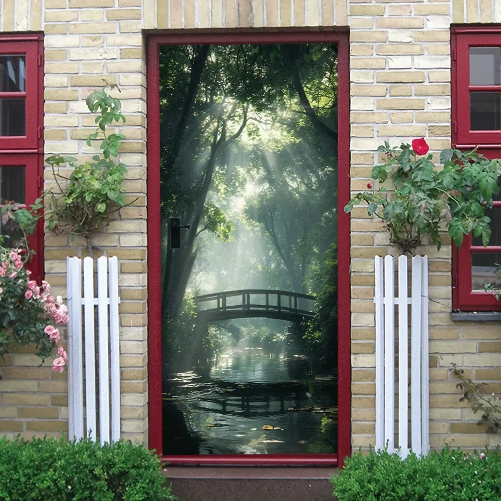 2pcs Dreamy Forest Sunlight Bridge Wall Sticker Warm Natural Scenery Decal for Bedroom Living Room Self Adhesive Removable Eco Friendly Material Home Wall Decor Art Mural