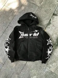 Men's Dark Green Star Graphic Zip-Up Hoodie, Oversized Streetwear Style, #winterfashion #fallfashion Trend, #blackfriday #christmasgiftideas, Retro Y2K Aesthetic, TikTok Viral Hip-Hop Hooded Sweatshirt, Casual Hoodie Jacket, Hoodie Print Hoodies