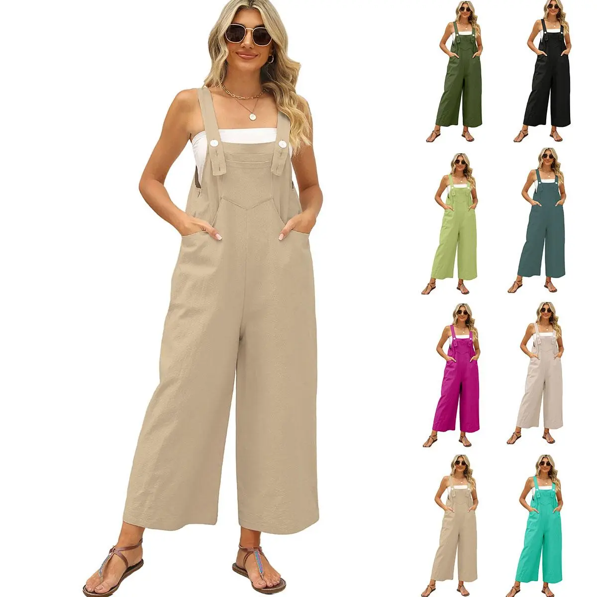 JovenPara Women's Casual Linen Bib Overalls, Sleeveless Wide-Leg Jumpsuit with Adjustable Straps, Pockets, Comfy Fit for Women, Overalls For Women
