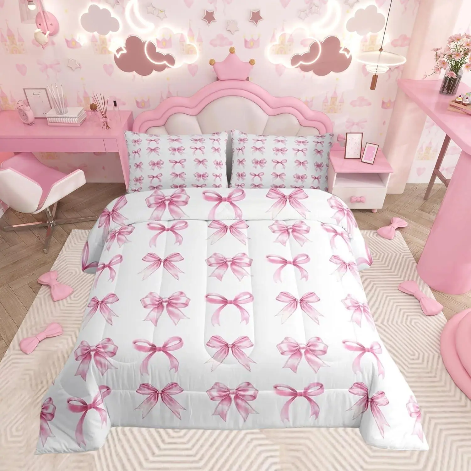 Bow Bedding Set Cute Bowknot Comforter Cover Princess Ribbon Decor Duvet Cover Kawaii Pale Pink Quilt Set