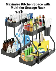 2-Tier Under Sink Sliding Organizer with Pull-Out Basket, Heavy-Duty Frame, Maximize Storage Space in Kitchen, Bathroom & Laundry.storage & organization