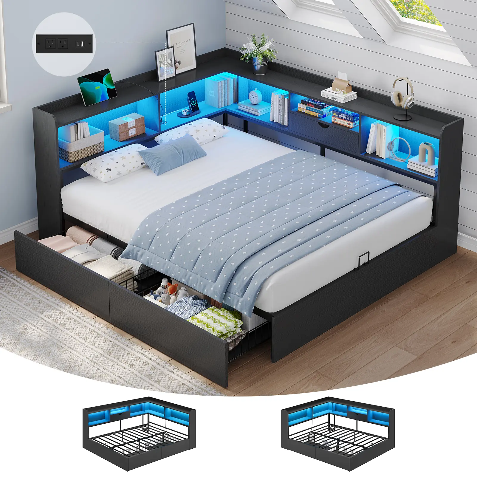 Hasuit | Corner Bed Frame with Storage Bookcase Various sizes Day Bed with Charging Station and LED Lights Convertible Beds for Teens