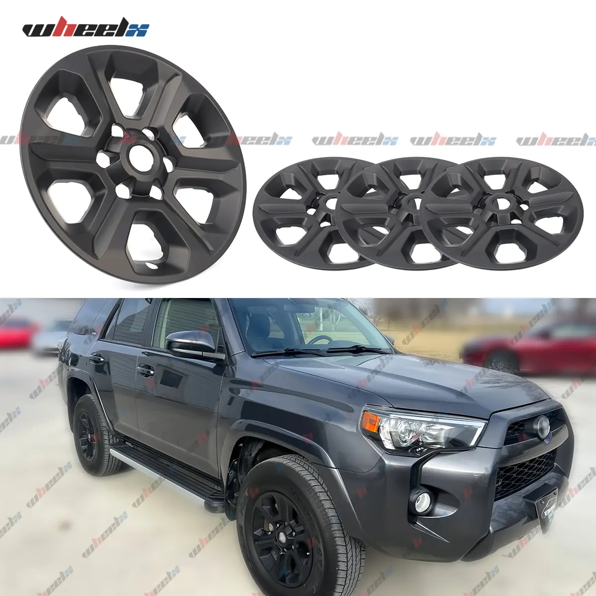 2014-2024 Toyota 4Runner SR5 Standard Wheels - 4-Piece 17 in Matte Gloss Black Wheel Covers, Direct OEM Replacement Rim Trim Caps , Snap-On Installation