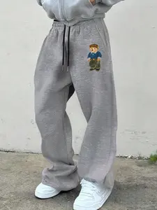 Men's Gray Loose Straight Leg Sweatpants - Retro Cool Suit Bear Graphic Print, Casual Street Style Trousers, Casual Comfy Trouser