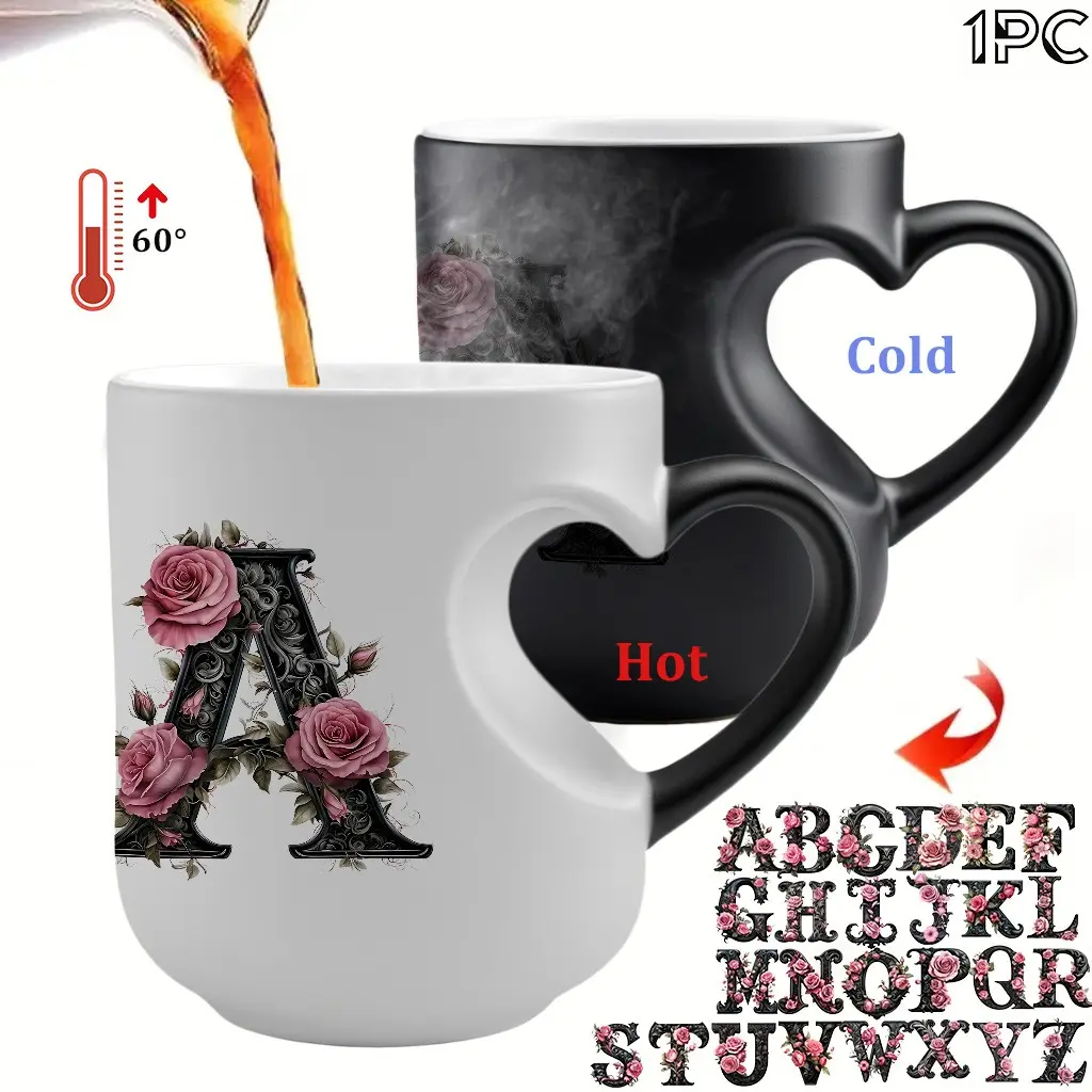 1pc Magical Color Changing Coffee Mug With 26 Alphabet Options floral letter pattern | 11oz Unique Aesthetic Heart Design, Perfect for Birthdays, MotherS Day, Valentine'S Day, and Holiday Gifts, Novelty Coffee Mugs - Ceramic Cup Drinkware