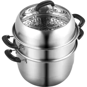 VEVOR Steamer Pot 11in/28cm, 3 Tier Steamer Pot for Cooking with 8.5QT Stock Pot, Vegetable Steamer & 2 Steaming Tray, Food-Grade 304 Stainless Steel Food Steamer Cookware for Gas Electric Stove Grill