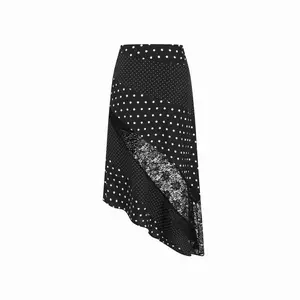 Cider Satin Low Rise Polka Dot Lace Panel Asymmetrical Flared Midi Skirt Black Womenswear SwimWeek