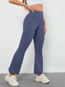 Women's Solid High Waist Flare Leg Sports Tummy Control Leggings, Sporty Wide Waistband Bell Bottom Pants, Summer Sportswear, Ladies Sportswear for Yoga Gym Fitness