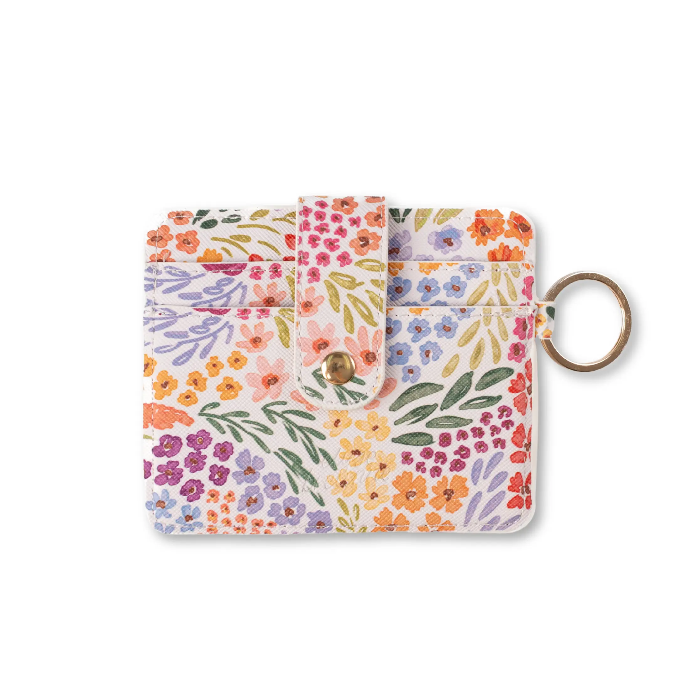 Women's Floral Vegan Mushroom Leather Wallet with Gold Keyring - 3.5x4.5 Inches, Compact & Minimalist Design, Secure Card Storage, Transparent ID Pock