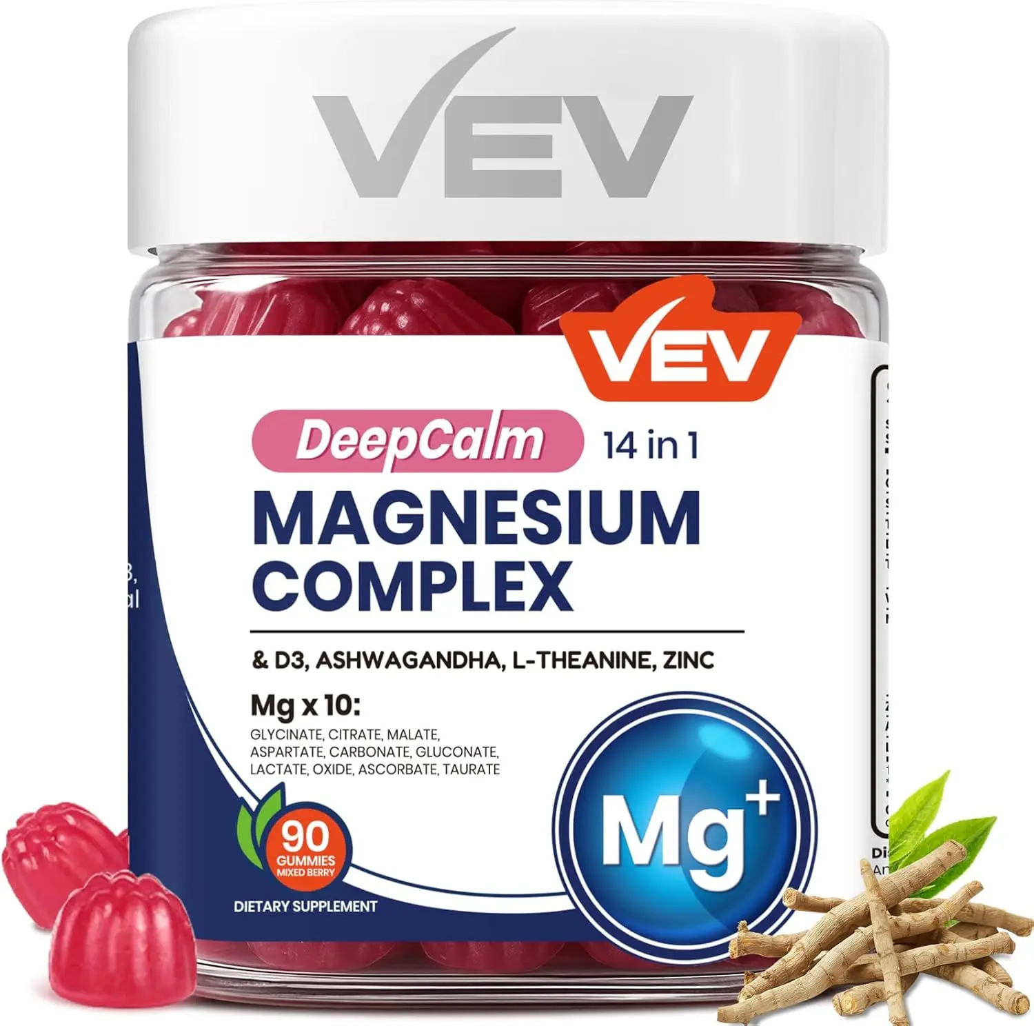 VEV Deep Calm Magnesium Complex 14-in-1 Gummies – 90 Count (Pack of 1) – with D3, Ashwagandha, L-theanine, Zinc – No Added Sugar Vegan Glycinate Gummies – Magnesium Complex for Women and Men