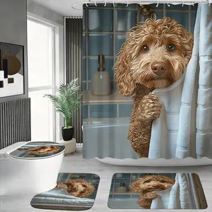 4pcs Cute Goldendoodle Peeking Shower Curtain Set, Funny Dog Print, The floor mat fabric is thicker and softer! Whimsical Pet-Themed Bathroom Decor, Curtain & Rugs Combo, Festive Cozy Vibe