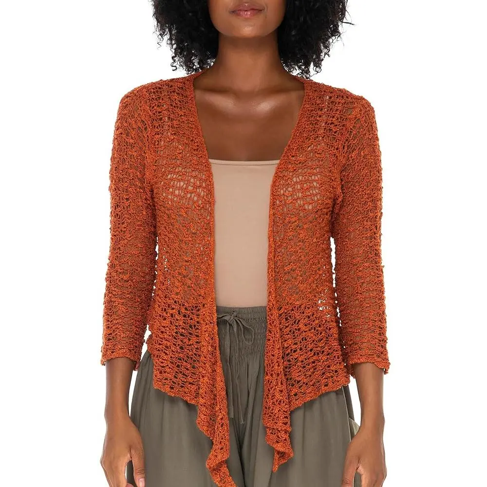 SHU-SHI Women's Cropped Cardigan for Summer: Open Weave Knit Shrug in Brick Orange