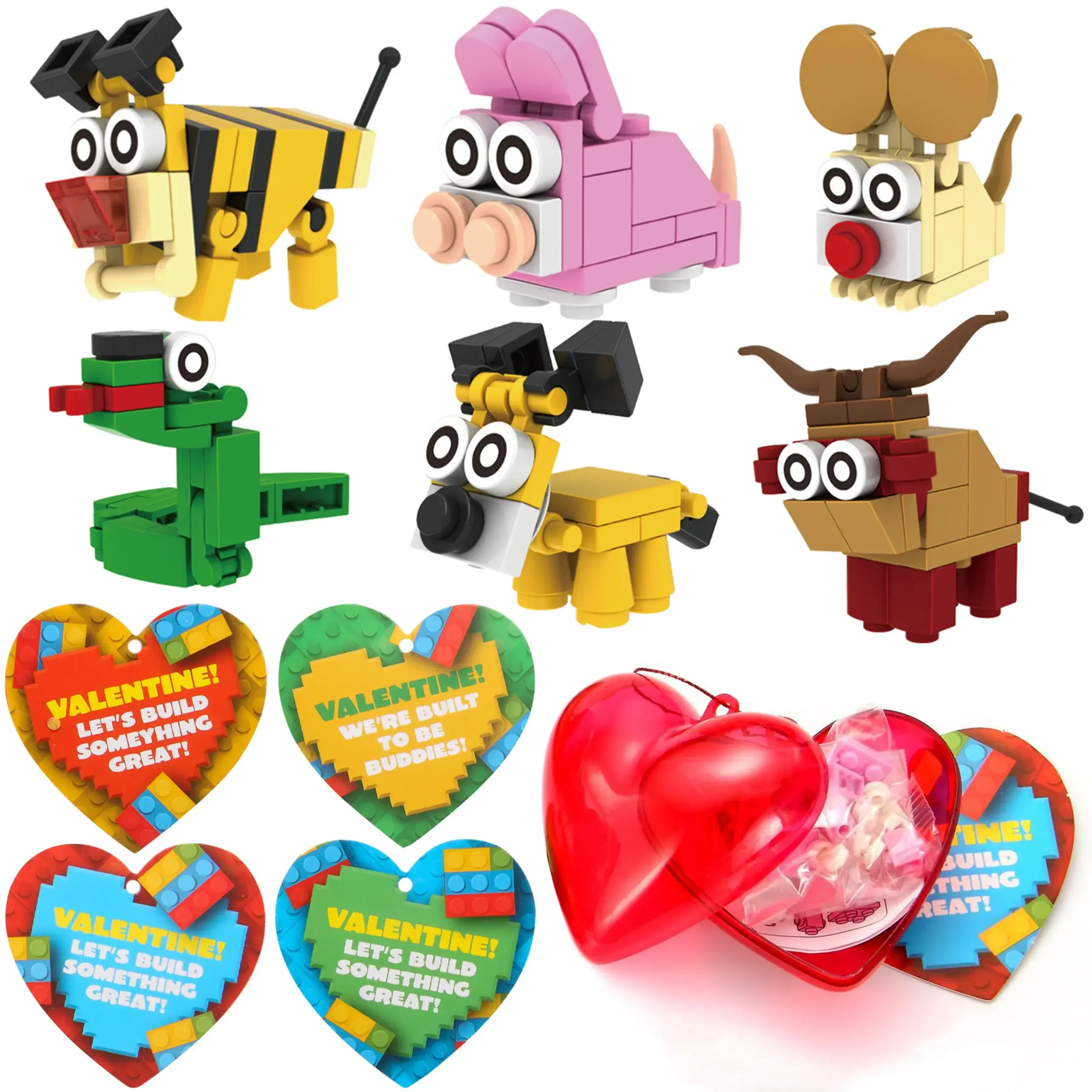 26pcs Building Blocks Animals Prefilled Hearts with Kids Valentines Cards 2025 Valentine Exchange Cards &24pcs
