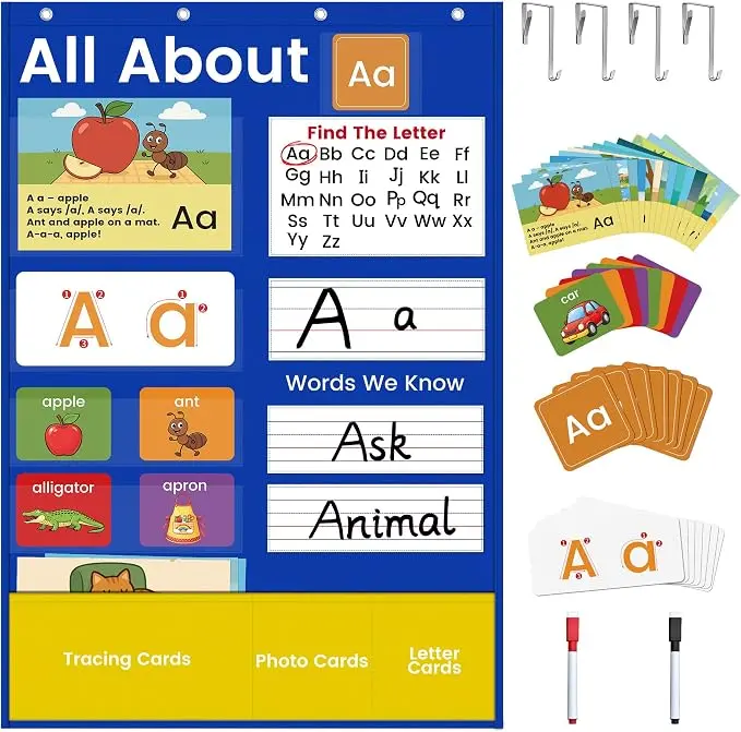 Alphabet Learning Pocket Chart (41in x 28.5in) with 182 Double-Sided Erasable Flash Cards - ABC Letter Tracing, Picture Cards for Homeschool Preschool Learning Supplies Must-Haves, Erasable Cards