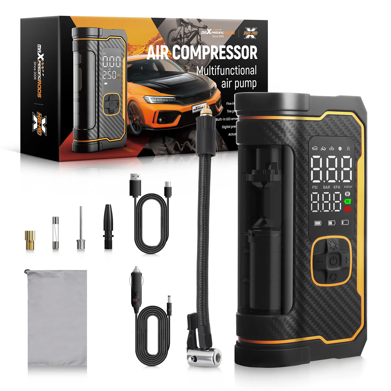maXpeedingrods Tire Inflator Portable Air Compressor 150PSI Cordless Car Tire Air Pump with Digital Dual Displays, LED Light, Auto Shut-Off, Memory Function, Air Pump for Car, Bike, Motorcycle, Ball