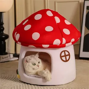 Cute Mushroom Cat House, Semi-Enclosed Hideaway, All-Season Bed for Indoor Small Cats