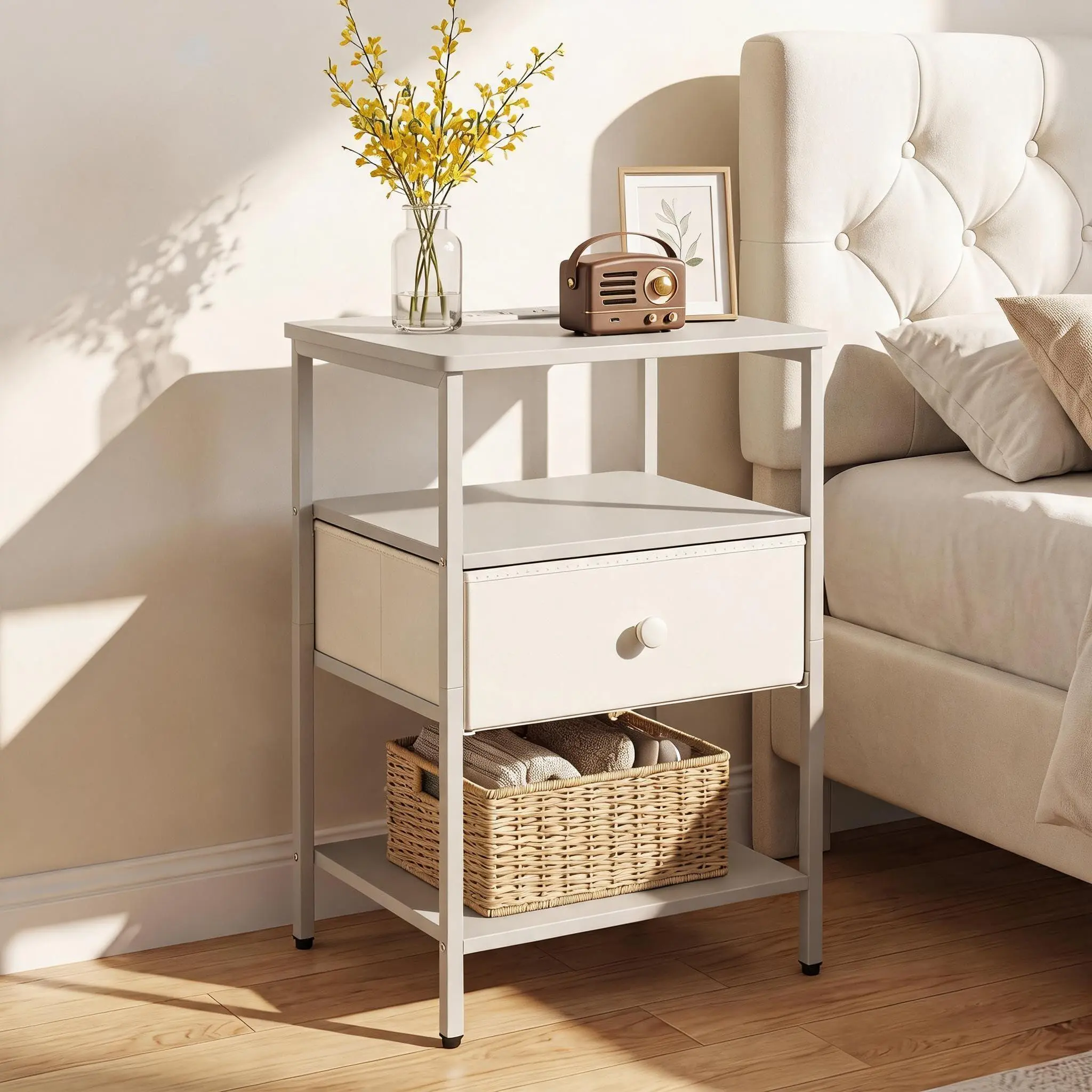 3-Tier Open Storage Nightstand with Charging Station and Fabric Drawer, Sturdy Metal Frame End Table for Bedroom Living Room and Small Space, White