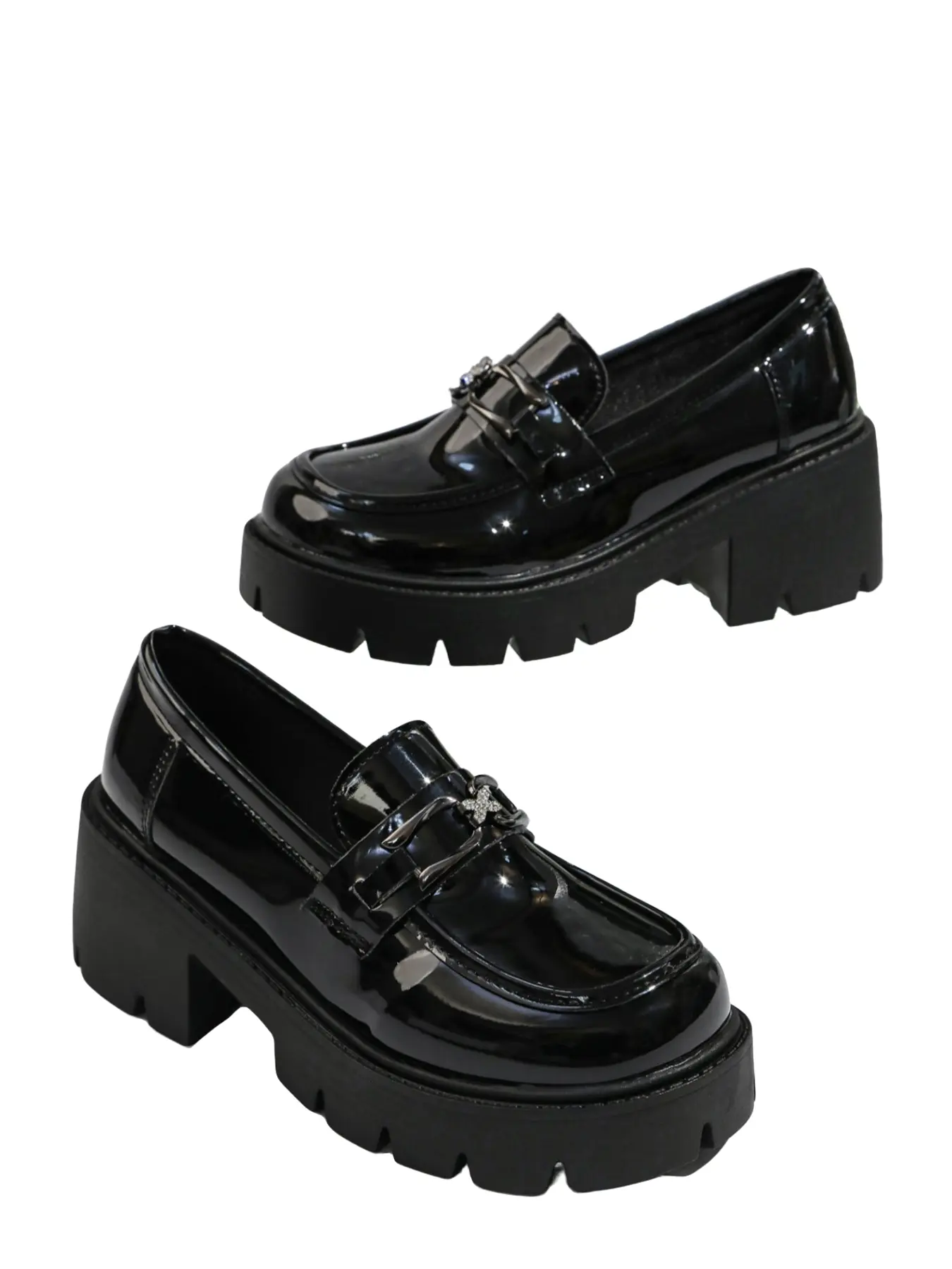 Women's Patent Leather Platform Loafers, Slip-On Chunky Heel School Uniform Shoes, British Style Black Oxfords with Rhinestone Buckle, Non-Slip Rubber Sole for Campus & Daily Wear