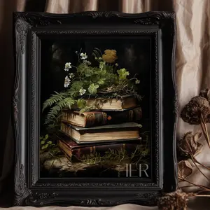 Unframed, Room Decor, Pile of Books with Fern Dark Forest Cottagecore Academia Gothic Floral Botanical Wall Art Decor Moody Victorian Printing | 5 size, 8x12 to 27x40 inch