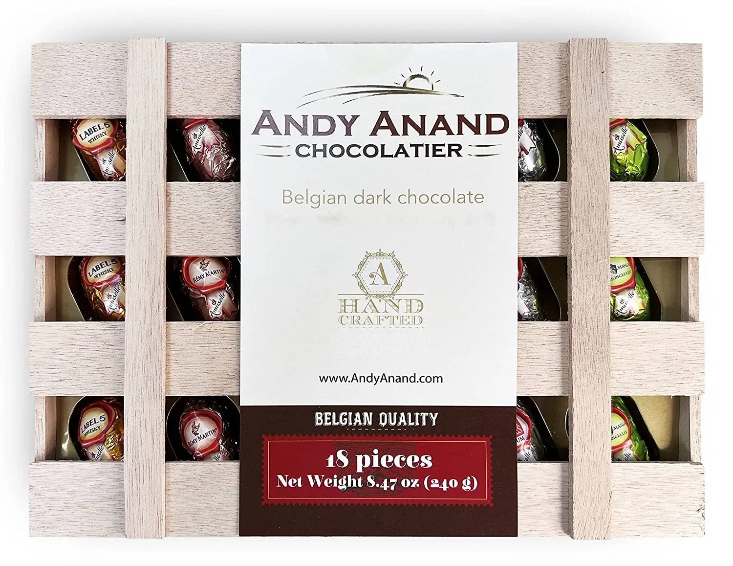 Andy Anand European Vegan Dark Chocolate Cocktail Bottles, 18 pc – Non-Alcoholic, Wooden Gift Box, 60% Cacao, Birthday & Holiday Gift