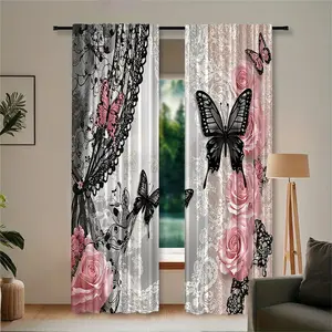 2pc, installed by pocket rod method, digital lace butterfly printed Floral Sheer Curtains, suitable for living room, closet, bedroom, study, dining room and home decoration.