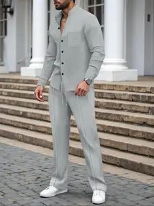 Men's Spring & Fall New Set, Stand Collar Pocket Long Sleeve Waffle Knit Top Jacket, Drawstring Waffle Knit Pants, Versatile Comfortable Clothing