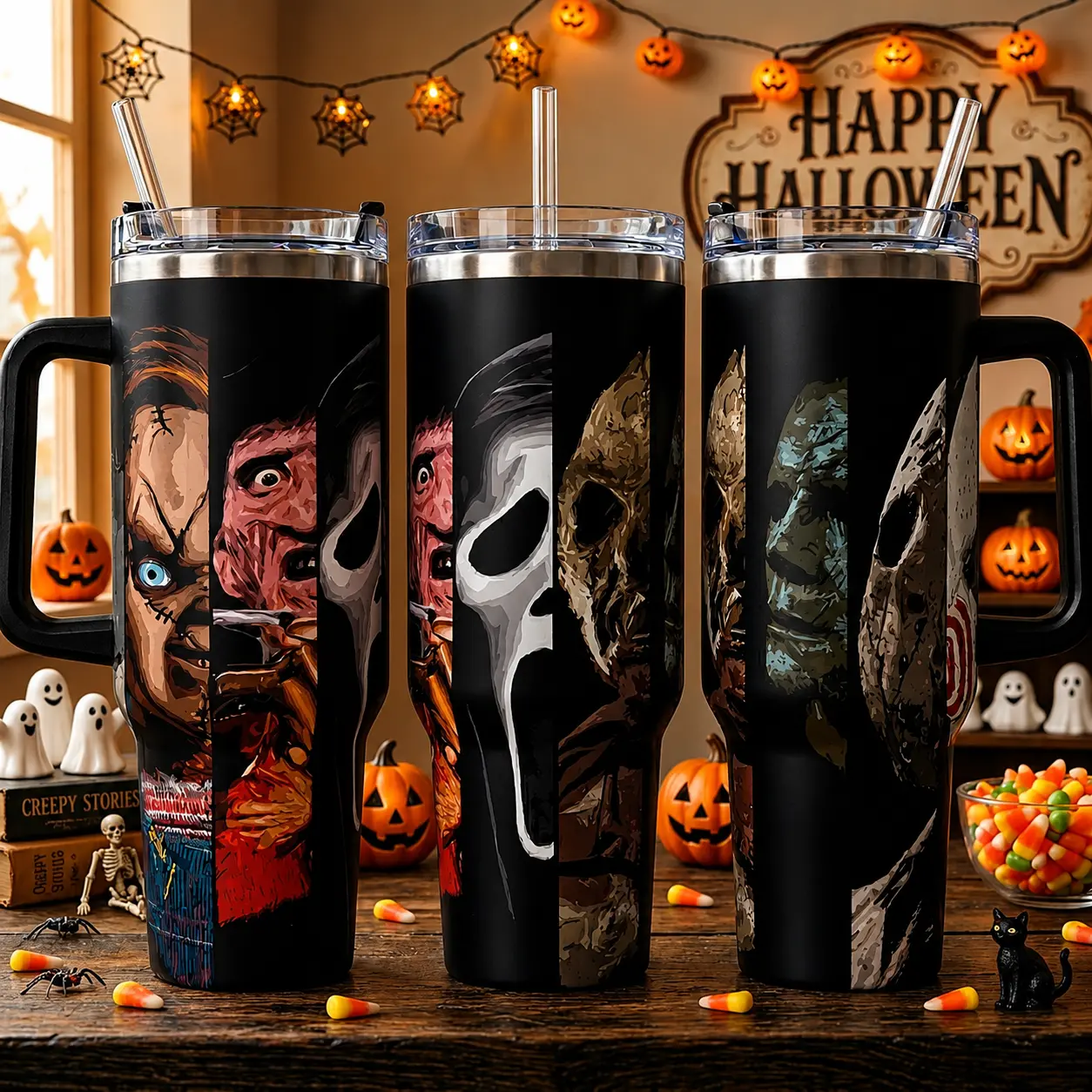 Horror Movie Squad Tumbler, 40oz Insulated Travel Mug with Handle & Straw, Ghostface Chucky Halloween Graphic Drinkware, Stainless Steel Vacuum Cold Water Cup, Scary Film Fan Collector Gift