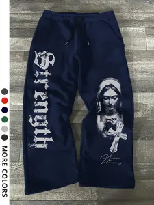 Men's Casual Loose-Fit Drawstring Pants, All-Season Wide-Leg Sweatpants with Nun Print, Comfortable Long Trousers for Everyday Wear