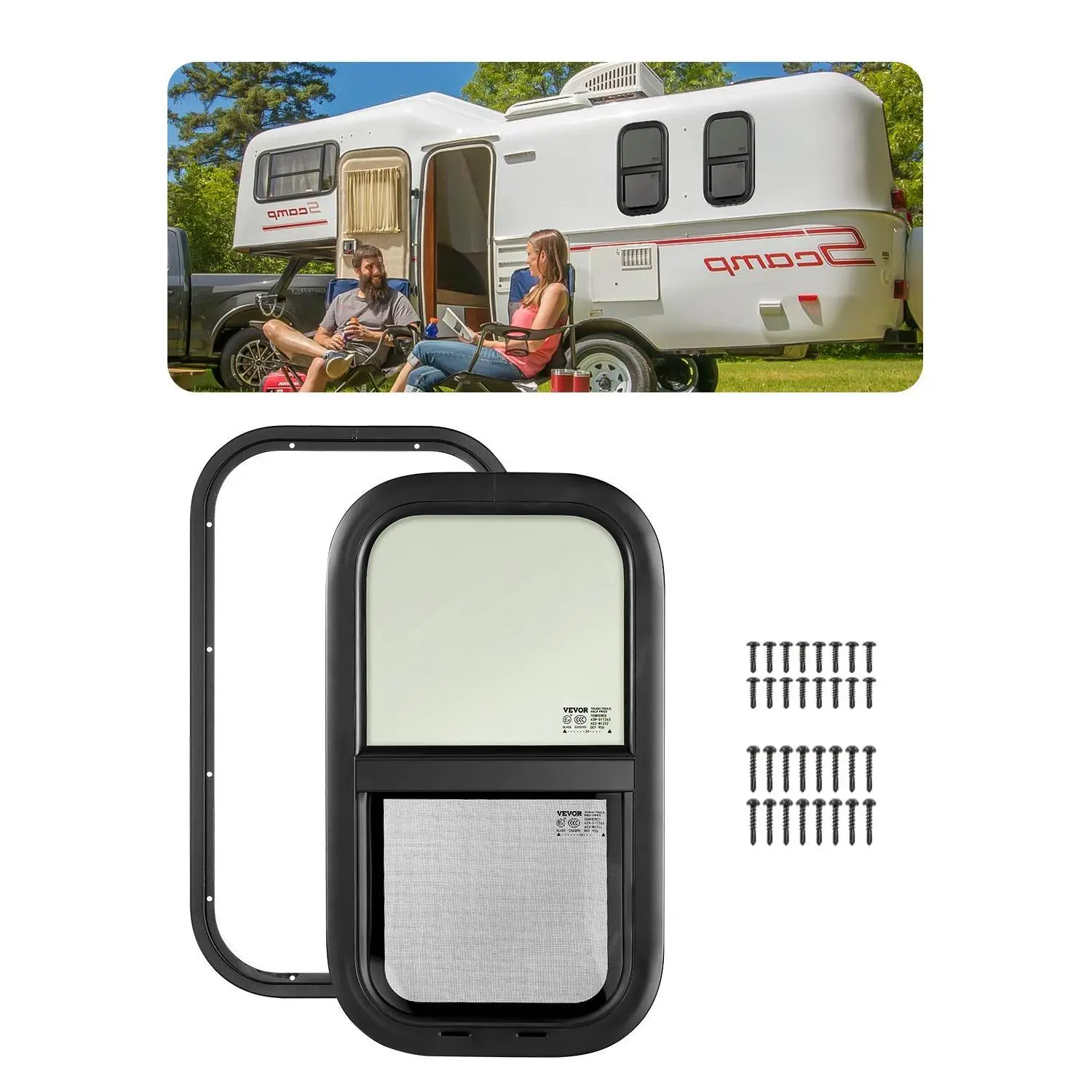 【Summerfinds】VEVOR Vertical RV Window 12" W x 22" H Tinted Sliding RV Window with Net Screen & Trim RingFit 15/16" - 1 3/4" Thickness WallRV Window Replacement for Teardrop Cargo Trailer CamperDOT Approved
