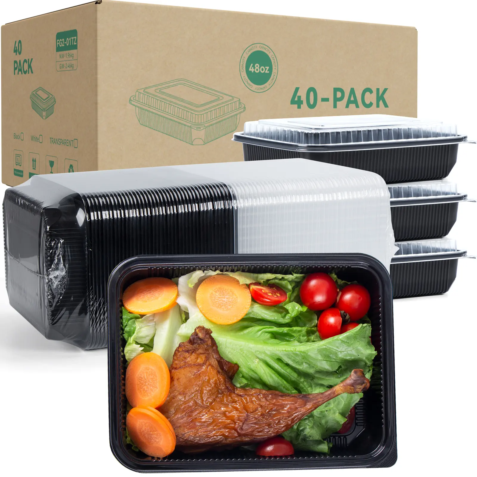 YANGRUI To Go Containers, 40 Pack (40 Trays + 40 Lids) 48oz BPA Free Reusable Take Out Box Shrink Wrap Machine Washable Meal Prep Container