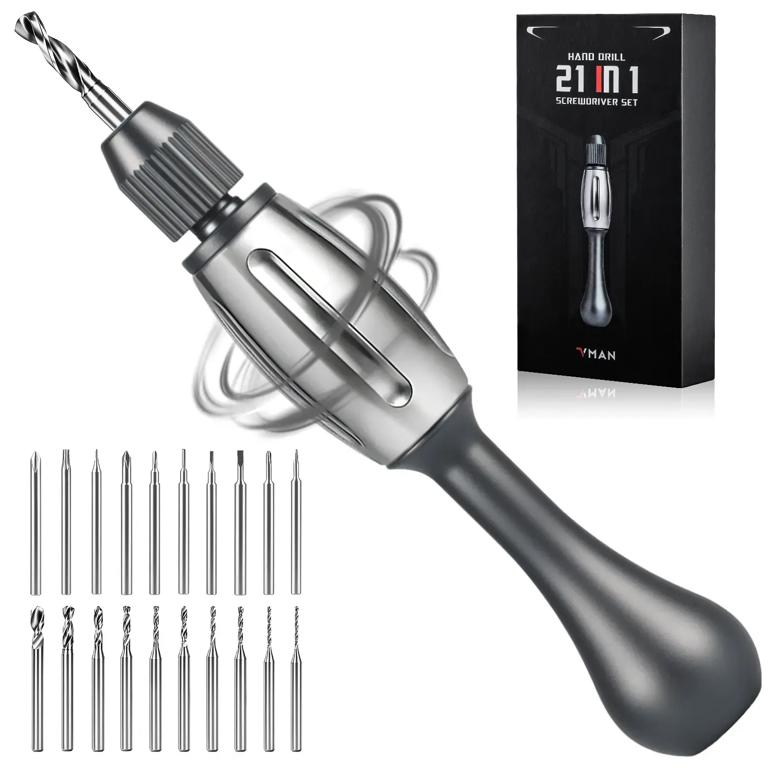 21-in-1 Screwdriver/Hand Drill – Magnetic Multifunctional Screwdriver Tools – Super DIY & Repair Tool: Non-Slip Handle, S2 Precision Bits, Magnetic Quick-Change, Double Bearing Core for Jewelry, Wood, Plastic, Resin, Magnetic Multipurpose Screwdriver
