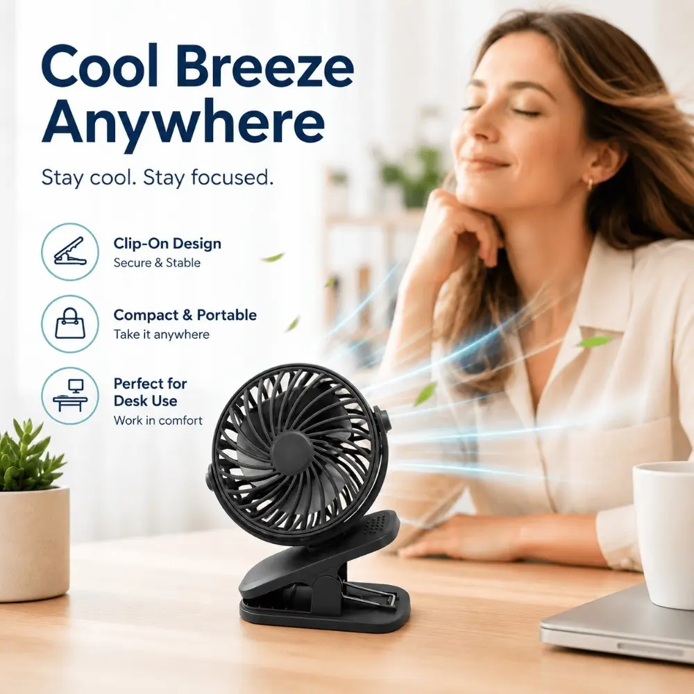1pc USB Clip-on Mini Rechargeable Fan - 360° Rotatable, Adjustable Speed, Quiet Cooling Fan for Camping, Office, Stroller (Sports & Outdoor Cooler Accessory)