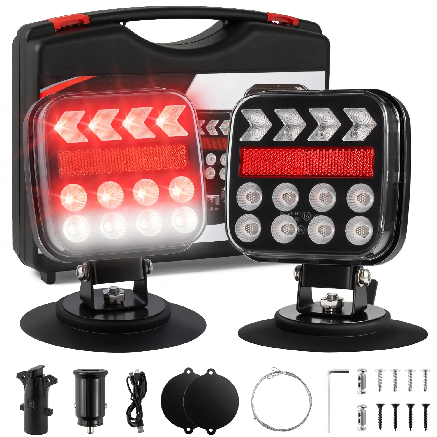 Wireless Trailer Lights, Magnetic Trailer Lights Kit with 4-Pin/7-Pin Transmitter, Rechargeable IP67 Portable Tail Lamps for Truck Boat RV Camper