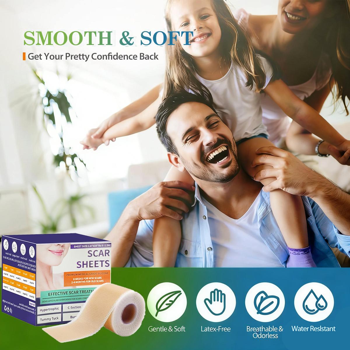 Silicone Scar Sheets(1.6"X 59" Roll-1.5M), Silicone Scar Repair Cream, Silicone Scar Tape, Silicone Scar Strips, Professional Scar Removal Sheets for C-Section, Acne, Buruns & Keloids, Suitable for All Skin Tayes