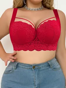 Plus Size Women's Lace Underwire Push-Up Bra - Adjustable Straps, Decorative Stitching, Wide Underband Anti-Sag & Anti-Back Bunching, Solid Color Skin-Fit, Comfort Breathable | Valentine's Day, Bridal, Everyday Wear