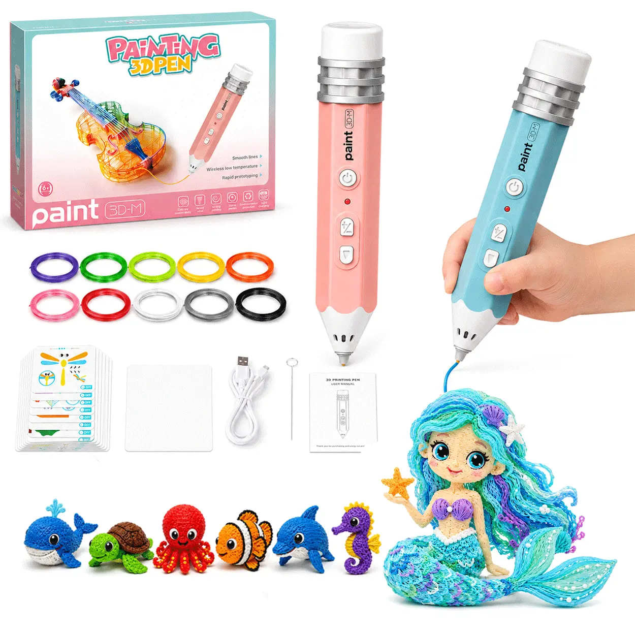 Kids' 3D Printing Pen Set - Safe Low-Temp Cool-Touch 3D Drawing Pen, 50m PCL Filament (10 Rolls), Stencil Book, USB, Easy-to-Use STEM Toy for Creativity & Spatial Thinking, Birthday Present for Ages 6+ Girls, Stem Fun