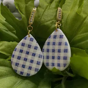 Handcrafted Blue Gingham Check Polymer Clay Teardrop Earrings with Gold Accents and Sparkling Details