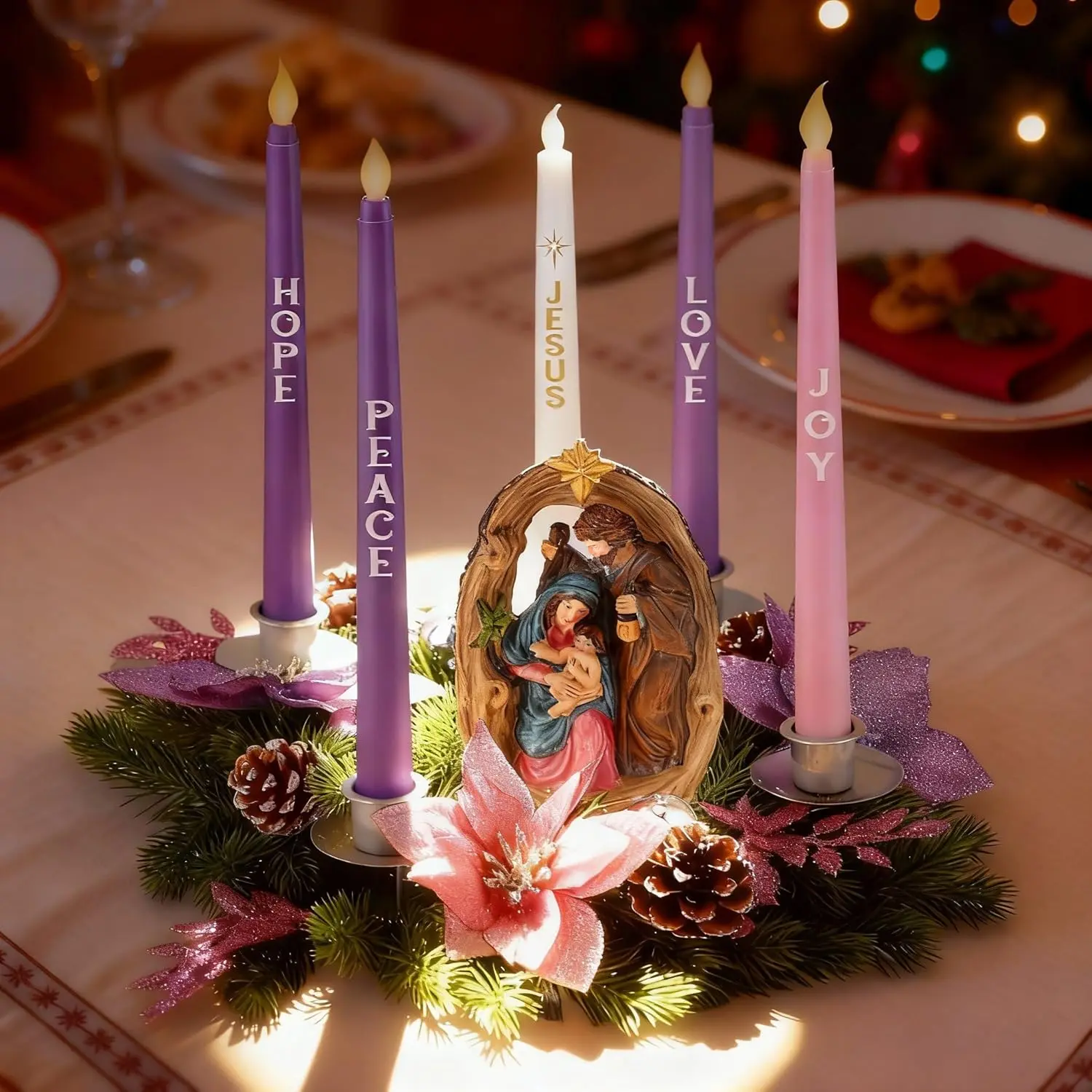 Religious Traditional Plastic Christmas Advent Wreath Candle Holder - Purple Pink w/Nativity Scene Figurine, 5 Flameless Taper Candles, Holiday Table Centerpiece Ornaments, Manger Style Gift, Set, Metal