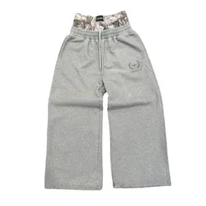Fake two double waisted wide leg sweatpants gray embroidered street style pants, fashionable drawstring