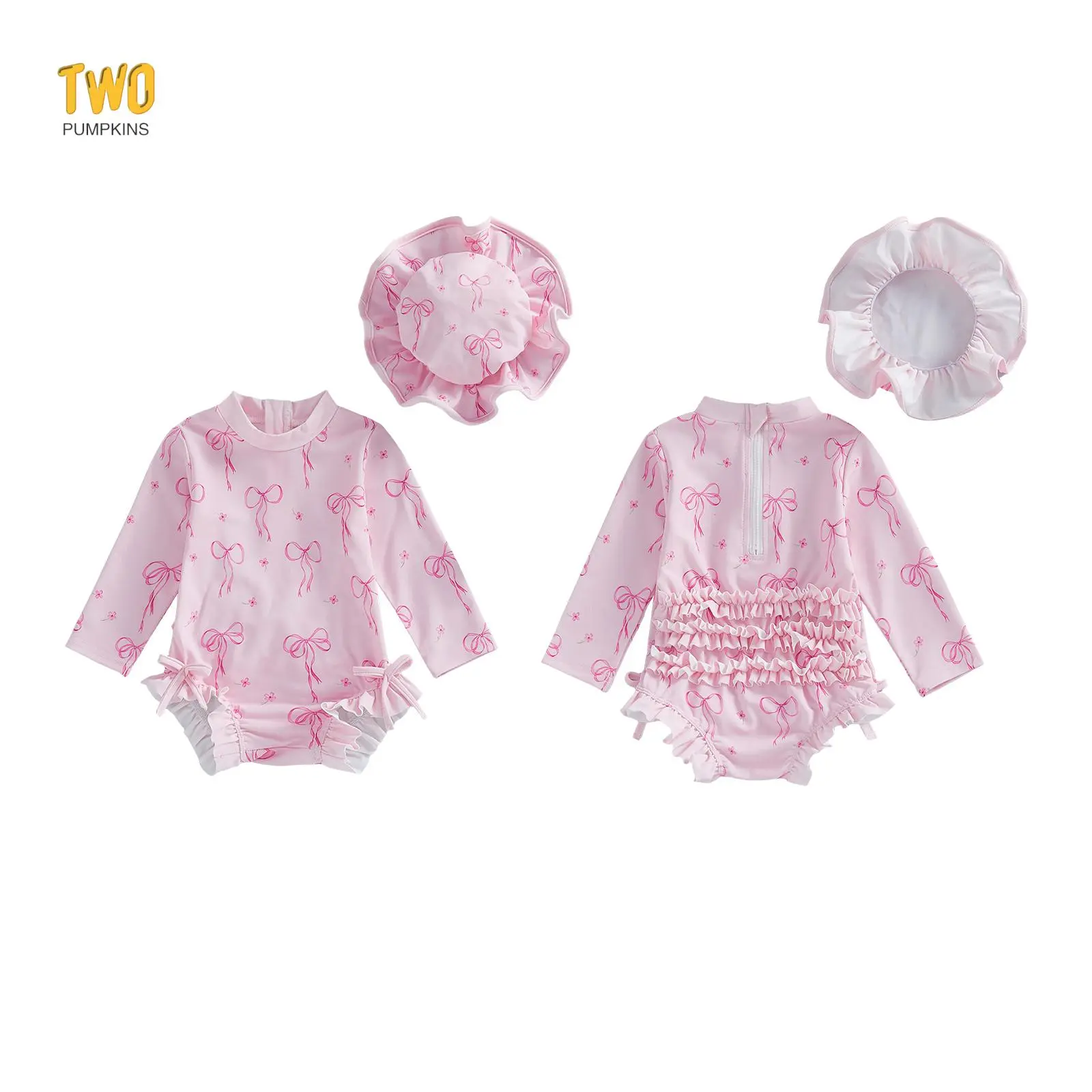 Toddler Baby Girl  Girls Bow Print Swimsuit With Sun Hat Rash Guard Zipper Ruffle Bathing Suit Infant Swimwear 2pcs