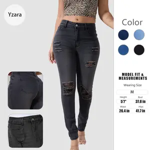 Yzara Ladies' Ripped Slim Fit Jeans Mid-Rise Waist Five-Pocket Design All Seasons Denim Trouser Skinny Fit Black Skinny Jeans