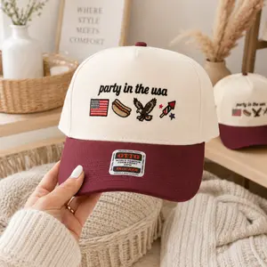 Party in the USA Embroidered Otto Hat, Cream Black Foam Front Otto Cap, America 250 Patriotic Hat