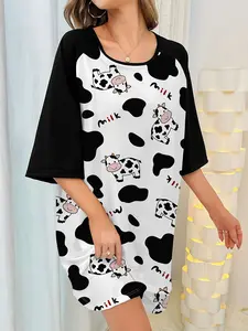 Cute Cow Animal Pattern Cartoon Sleepwear Loungewear Womenswear Dress for Women, Round Neck Block Batwing Sleeve Loose Fit, Casual, Ice Silk Comfortable Home Wear